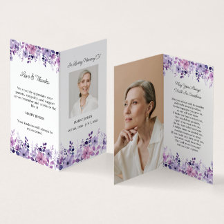 Carte De Visite Folded Purple Flower Photo Funeral Prayer Card