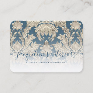Carte De Visite Français Bleu Élégant Floral Vintage Bois Damas