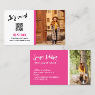 Carte De Visite Français Fuchsia Icônes des médias sociaux QR Code