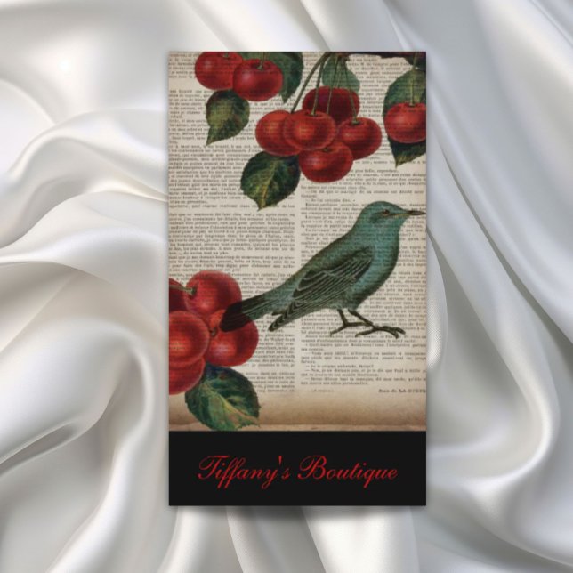 Carte De Visite frentry bird retro botanical red cherry (french country bird retro botanical red cherry business card)