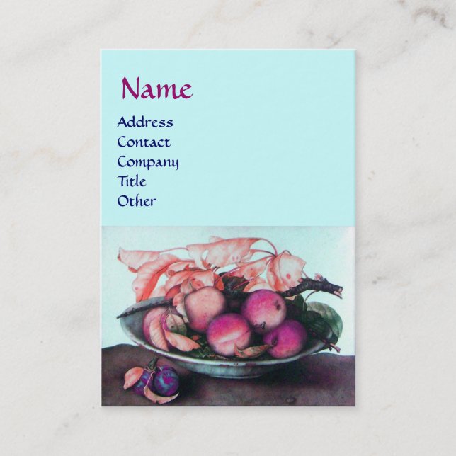 Carte De Visite FRUITS DE SAISON Pêches, Prunes, Bleu Turquoise Fe (Devant)