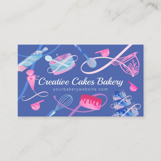 Carte De Visite Fun Pink Bleu Marbre Boulangerie Gâteaux Outils &  (Devant)