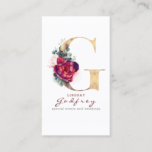 Carte De Visite G Monogramme Bourgogne Fleurs rouges et Faux Gold (Devant)