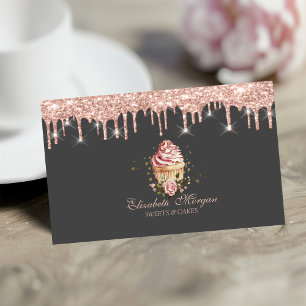 Carte De Visite Gâteau Cupcake Fleurs Rose Or Drips Boulangerie