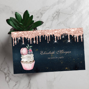 Carte De Visite Gâteau Cupcake Macaron Gouttes de Rose Dorée Bleu