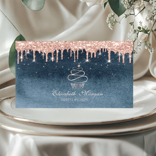 Carte De Visite Gâteau Cupcake Rose Gold Gouttes Diamants Bleu