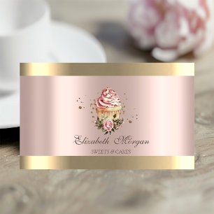 Carte De Visite Gâteaux Floraux à Rayures Dorées sur Fond Rose Dor