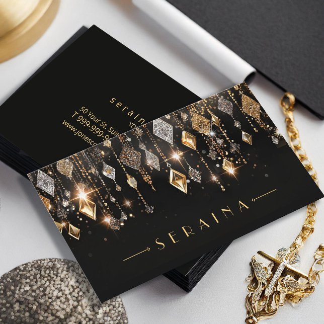 Carte De Visite Gemmes Boho Or et Argent sur Black ID1035 (Créateur téléchargé)