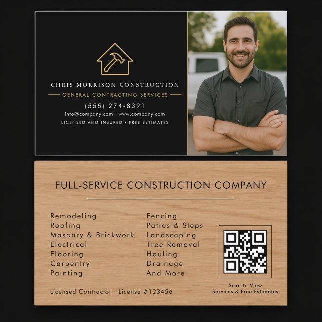 Carte De Visite General Contractor Wood Photo QR Code (Créateur téléchargé)