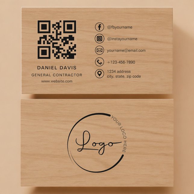 Carte De Visite General Contractor Wood Professional QR Code (Créateur téléchargé)