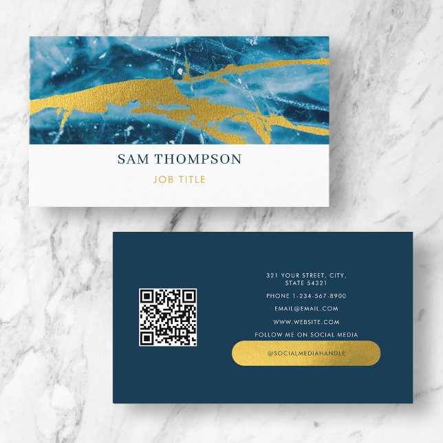 Carte De Visite Géode Agate Blue Gold Social Media QR Code (Créateur téléchargé)