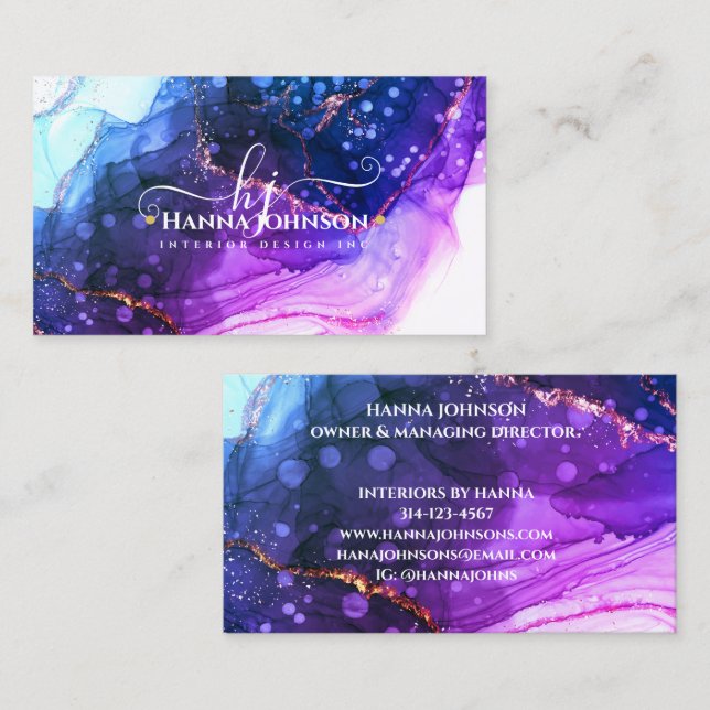 Carte De Visite Géode initial du monogramme de marbre bleu or (Devant / Derrière)