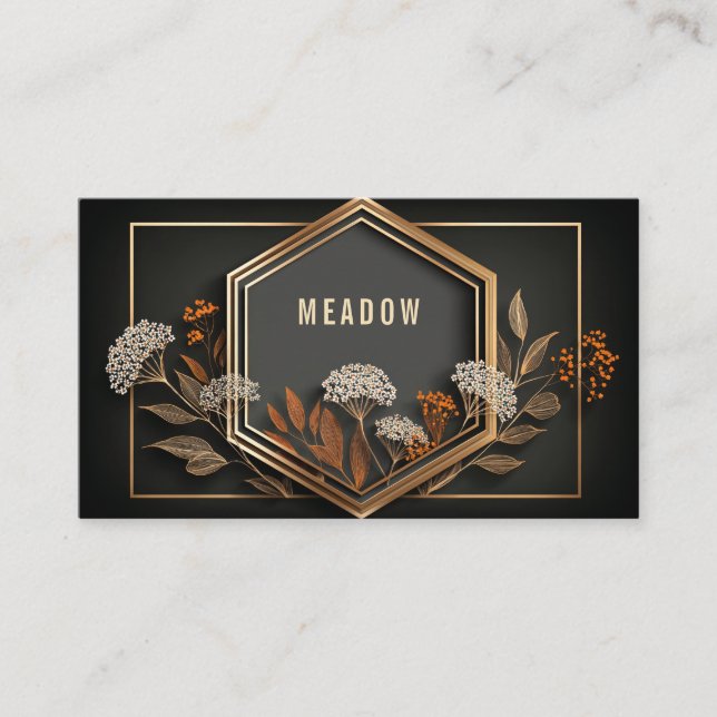 Carte De Visite Geometric Hexagon Gold Floral Midnight Black (Devant)