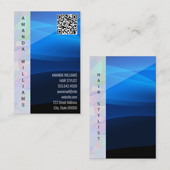 Carte De Visite Géométrique | Vague bleue | Code QR (Devant / Derrière)