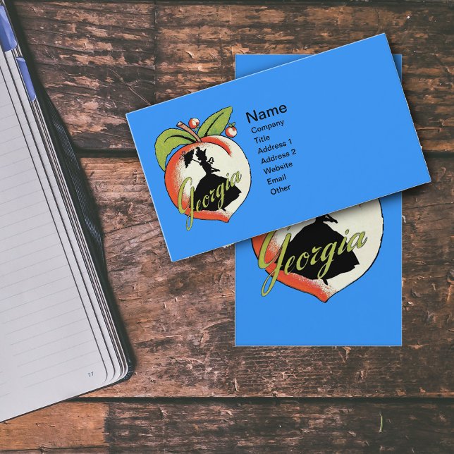 Carte De Visite Géorgie Pêche Avec Silhouette Noire Dame Sud (Southern bell silhouette on Georgia Peach on vibrant blue business cards.)