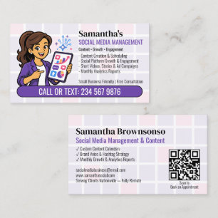 Carte De Visite Gestionnaire de médias sociaux Purple QR Cartoon G