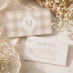 Carte De Visite Gingham Monogramme Beige Neutre
