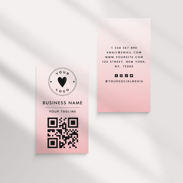 Carte De Visite Girl Blush Pink Ombre Logo & QR Code Feminine (Créateur téléchargé)