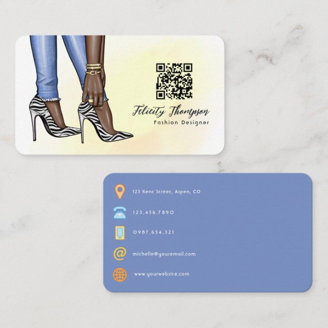 Carte De Visite Glam Chic Zebra Mode QR Code (Devant / Derrière)
