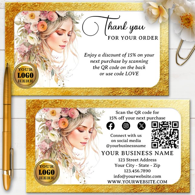Carte De Visite Glam Feminine Merci Pour Votre Commande (Glam Thank You for your order business card showing a watercolor design with gold glitter - QR code)