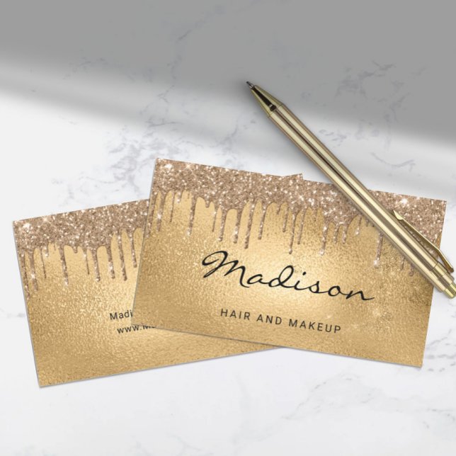 Carte De Visite Glam Gold Parties scintillant métallique Poils et  (Glam Gold Metallic Glitter Drip Hair & Makeup Business Card)