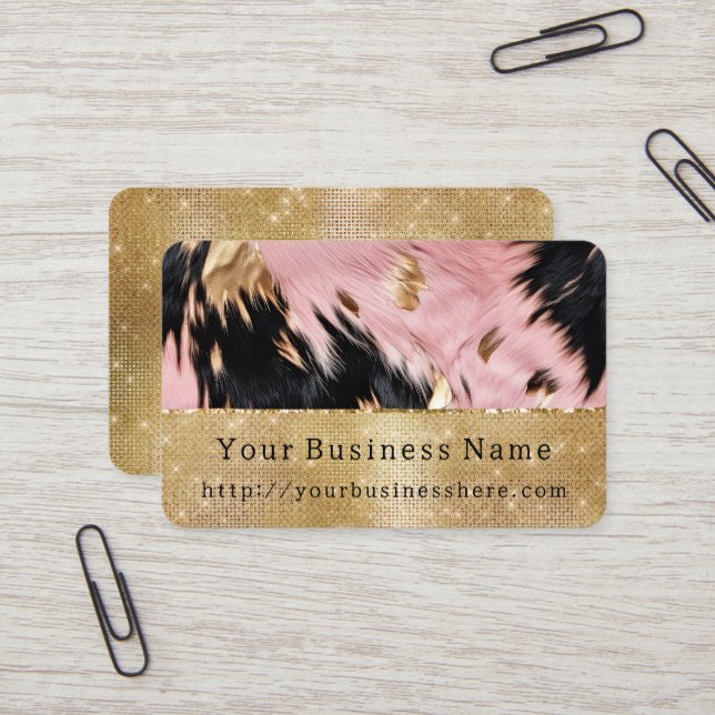 Carte De Visite Glam Gold Sparkle Rose Black Cowhide (Devant/Arrière en situation)