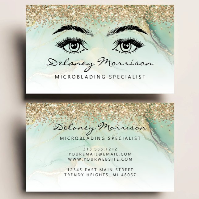 Carte De Visite Glam Green Marble Gold Glitter Eyes Microblading (Créateur téléchargé)