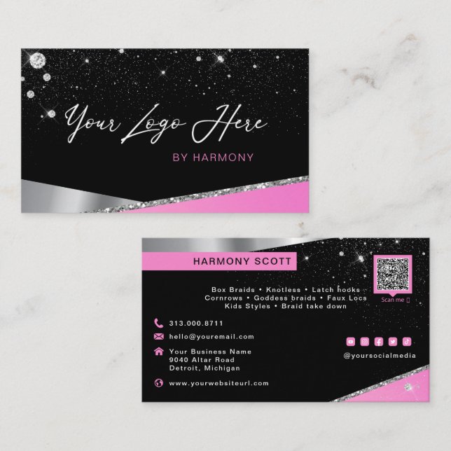 Carte De Visite Glam Hot Pink Parties scintillant Diamond Service  (Devant / Derrière)