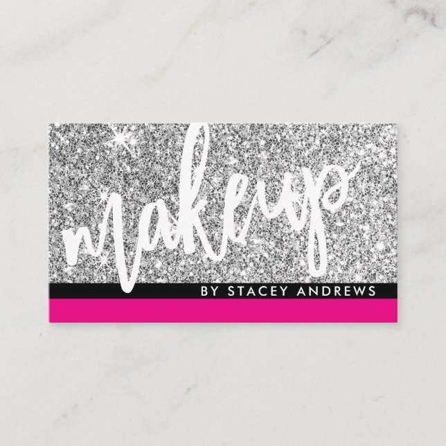 Carte De Visite GLAM MAKEUP brush script argent parties scintillan (Devant)