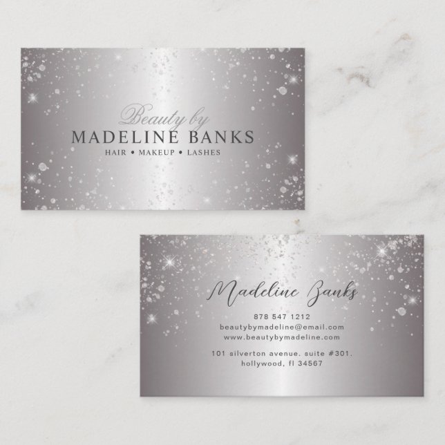 Carte De Visite Glam Metallic Argent Parties scintillant Beauté Pr (Devant / Derrière)