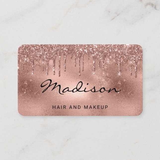 Carte De Visite Glam Rose Gold Parties scintillant métal cheveux e (Devant)