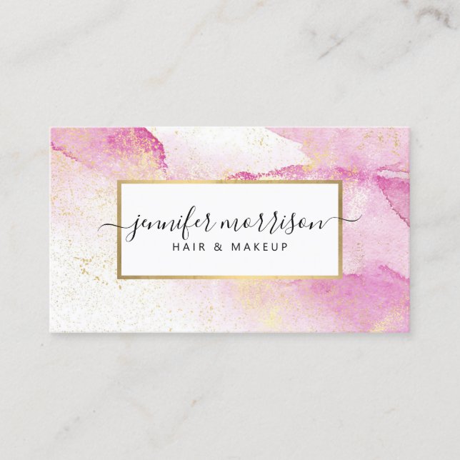 Carte De Visite Glam Script Aquarelle rose avec Poussière Or Faux (Devant)