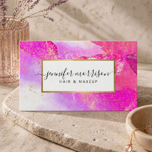 Carte De Visite Glam Script Fuchsia Aquarelle Faux Gold Dust