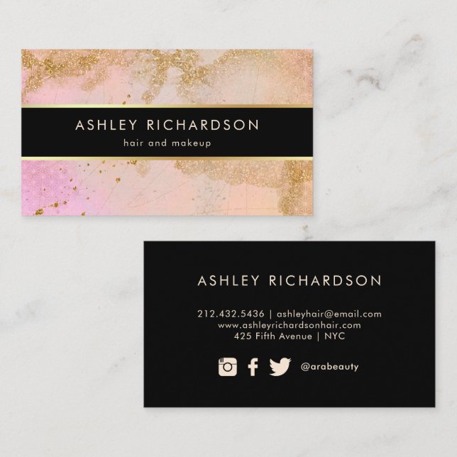 Carte De Visite Glam Stylish Blush Pink, Black et Faux Gold (Devant / Derrière)