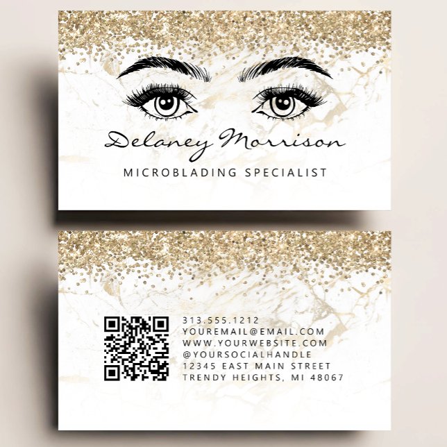 Carte De Visite Glam White Gold Marble Eyes QR Code Microblading (Créateur téléchargé)