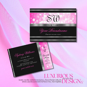 Carte De Visite Glamorous Black Girly Pink Glitter Initials Silver