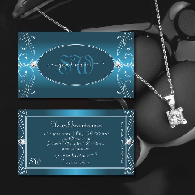 Carte De Visite Glamour Turquoise Bleu Orné Bijoux étincelants Ini (Créateur téléchargé)
