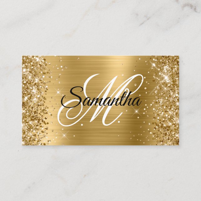 Carte De Visite Glitter Gold Foil Fancy Monogramme Profil en ligne (Devant)