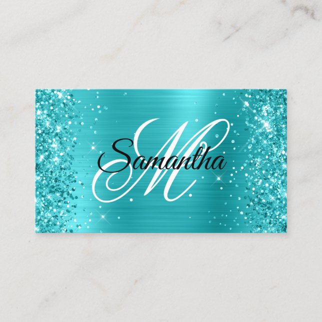 Carte De Visite Glitterie Turquoise Bleu Foil Fancy Monogramme (Devant)