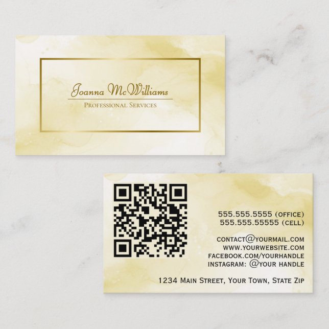 Carte De Visite Gold Aquarelle Nuages Chic Professional QR Code (Devant / Derrière)