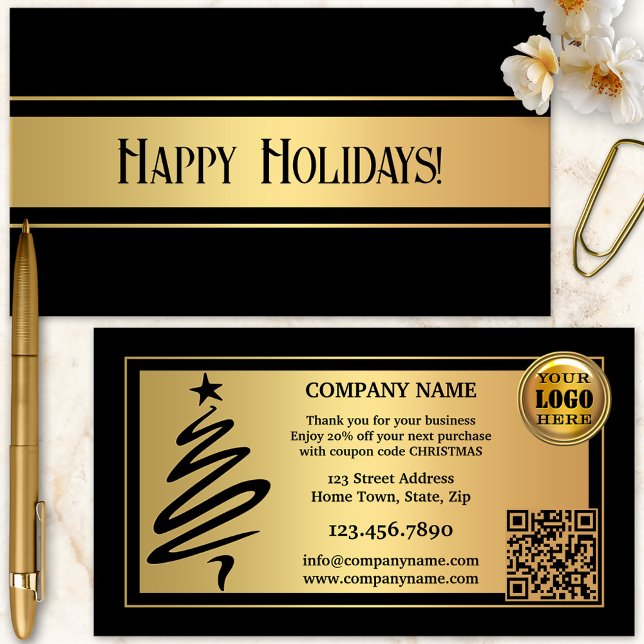 Carte De Visite Gold Black Noël Merci (Stylish gold and black Christmas Holidays Thank You business card with a Christmas tree outline)