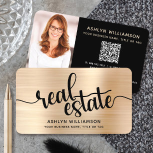 Carte De Visite Gold Black Real Estate Agent QR Code Photo Broker