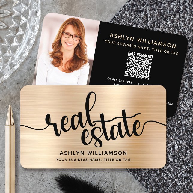 Carte De Visite Gold Black Real Estate Agent QR Code Photo Broker (Créateur téléchargé)