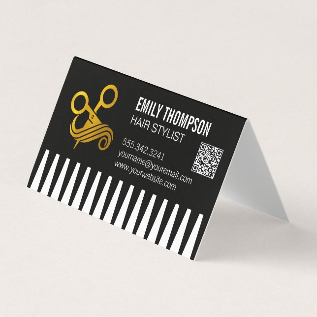 Carte De Visite Gold Comb | Hair Stylist | QR Code (Devant)