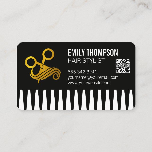 Carte De Visite Gold Comb | Hair Stylist | QR Code (Devant)