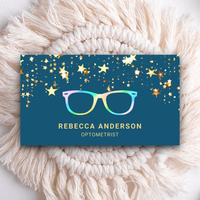 Carte De Visite Gold Confetti Blue Arc-en-ciel lunettes Opticien (Créateur téléchargé)
