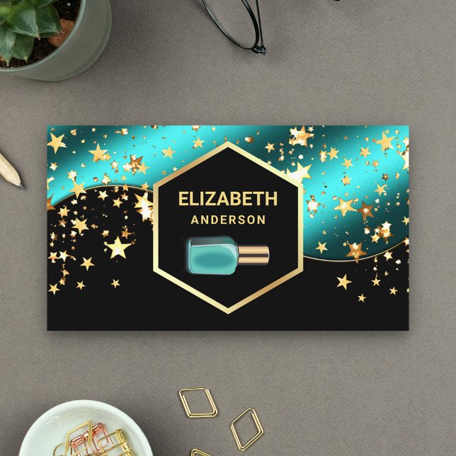 Carte De Visite Gold Confetti Turquoise Blue Nail Polonais Manicur (Créateur téléchargé)