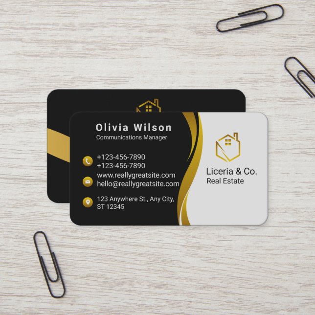 Carte De Visite Gold et Black Real Estate (Devant/Arrière en situation)