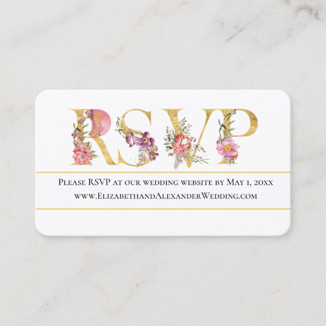 Carte De Visite Gold Floral RSVP Mariage Website (Devant)