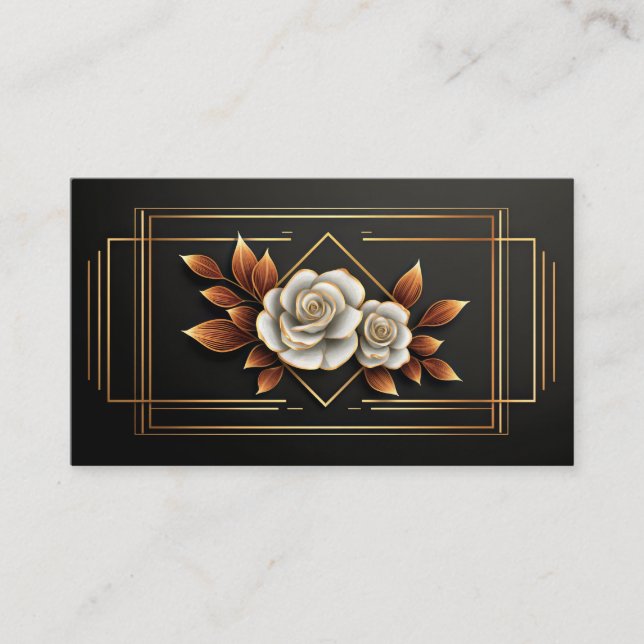 Carte De Visite Gold Geometric White Rose Floral Midnight Black (Devant)